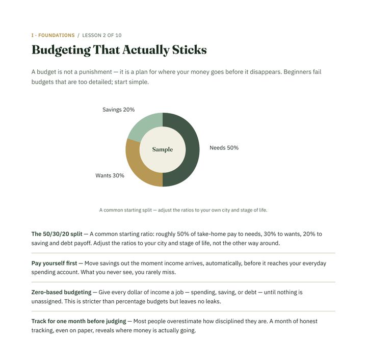 Ebook page: Budgeting That Actually Sticks, with a 50/30/20 chart